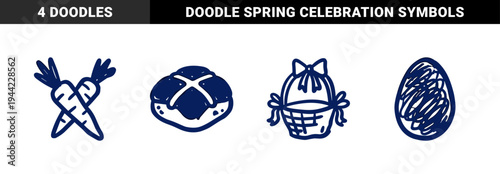 Rustic hand-drawn Easter holiday elements featuring cross bun and carrots. Naive marker sketch illustrations for spring seasonal branding.