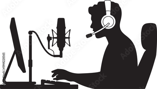 Gamer With Headphones and Microphone at Computer silhouette