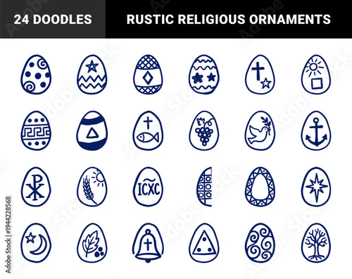 Hand-drawn Easter egg doodles with religious and spring symbols. Rustic, naive marker sketch illustrations featuring Christian and seasonal holiday concepts.
