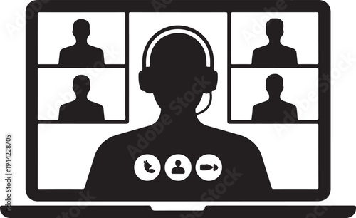 Laptop screen showing video conference with five participants