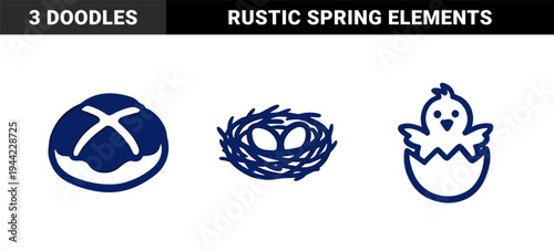 Easter and spring seasonal elements for organic brand identity. Rustic, naive marker sketch illustrations featuring bird nest, hot cross bun, and hatching chick.