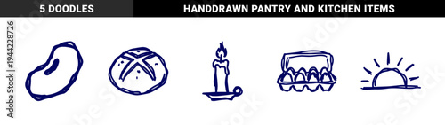 Hand-drawn rustic breakfast and morning routine elements featuring bread, eggs, and candle. Naive navy blue marker sketch on white background.