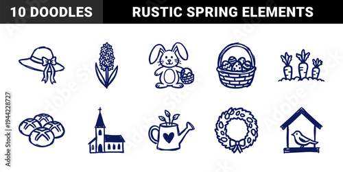 Hand-drawn Easter holiday and spring garden elements for rustic brand identity. Naive marker sketch illustrations featuring bunny, eggs, and floral concepts.
