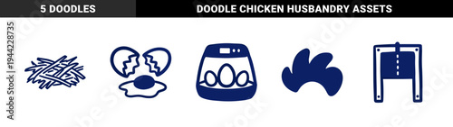 Hand-drawn poultry farming and egg production elements in a naive doodle style. Rustic marker sketch illustrations for organic agriculture and chicken husbandry.
