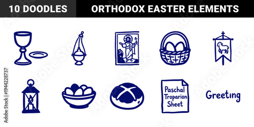 Eastern Orthodox Paschal celebration elements in a naive blue marker doodle style. Rustic hand-drawn liturgy and Easter basket blessing graphics.