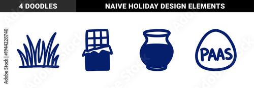 Hand-drawn Easter holiday elements and spring treats for organic brand identity. Rustic, naive marker sketch illustrations of grass, chocolate, and eggs.