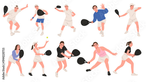 Flat vector set of men and women playing padel or paddle tennis in different action poses. Perfect for sports graphics, fitness content, padel clubs, training materials, and active lifestyle concepts.