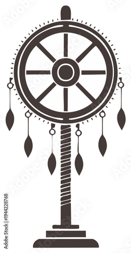 Buddhist Dharma Wheel Symbol with Decorations, Spiritual Art Icon