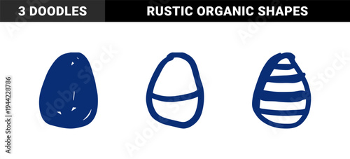 Hand-drawn organic blue egg shapes with naive doodle aesthetic. Rustic marker sketch illustrations featuring solid, outlined, and striped oval forms.