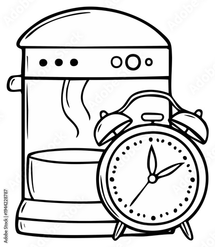 Cartoon drawing of coffee maker with steaming coffee and retro alarm clock showing time