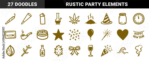 Cannabis culture and New Year celebration elements for organic branding. Rustic, naive marker sketch illustrations featuring smoking accessories and party favors.