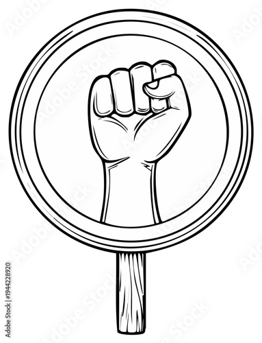 Raised Fist Protest Symbol on Wooden Pole in Circular Frame