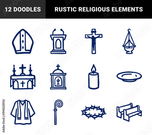 Hand-drawn Catholic liturgical symbols and church interior elements. Rustic naive marker sketch illustrations for religious education and worship.