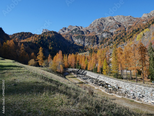 Autumn in the Alps. Chardonney, a hamlet of Champorcher, Aosta Valley, Alps, Italy.