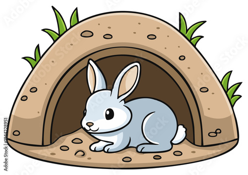 Light blue cartoon rabbit sitting inside its brown dirt burrow with green grass