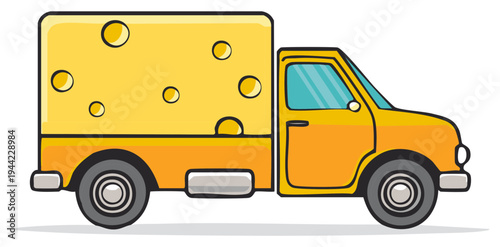 Fun cartoon cheese truck transporting cheese, vector illustration on white background