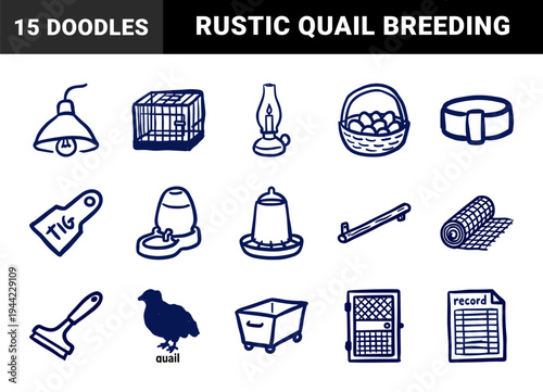 Hand-drawn poultry farming and quail breeding equipment for rustic agricultural branding. Naive marker sketch illustrations of bird cages and farm tools.
