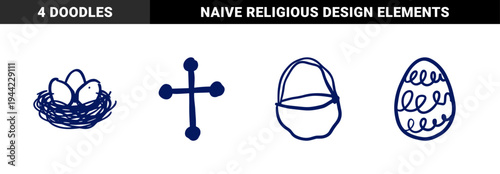 Easter holiday religious and traditional symbols in a naive hand-drawn doodle style. Rustic navy blue marker sketch of a cross, bird nest with eggs, and basket.