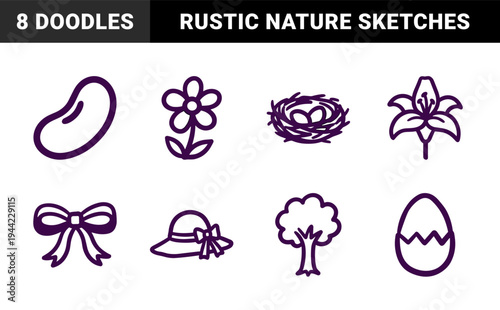 Hand-drawn spring and Easter celebration elements with a rustic monoline aesthetic. Naive marker sketch illustrations of flowers, eggs, and nature.