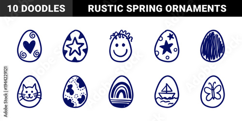 Hand-drawn Easter egg doodles with naive animal and nature motifs. Rustic marker sketch illustrations for seasonal spring branding and greeting cards.
