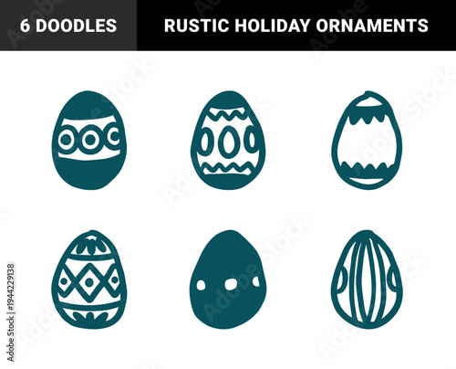 Hand-drawn Easter eggs with rustic tribal patterns and naive doodle ornaments. Teal monochrome festive holiday sketches for organic spring branding.