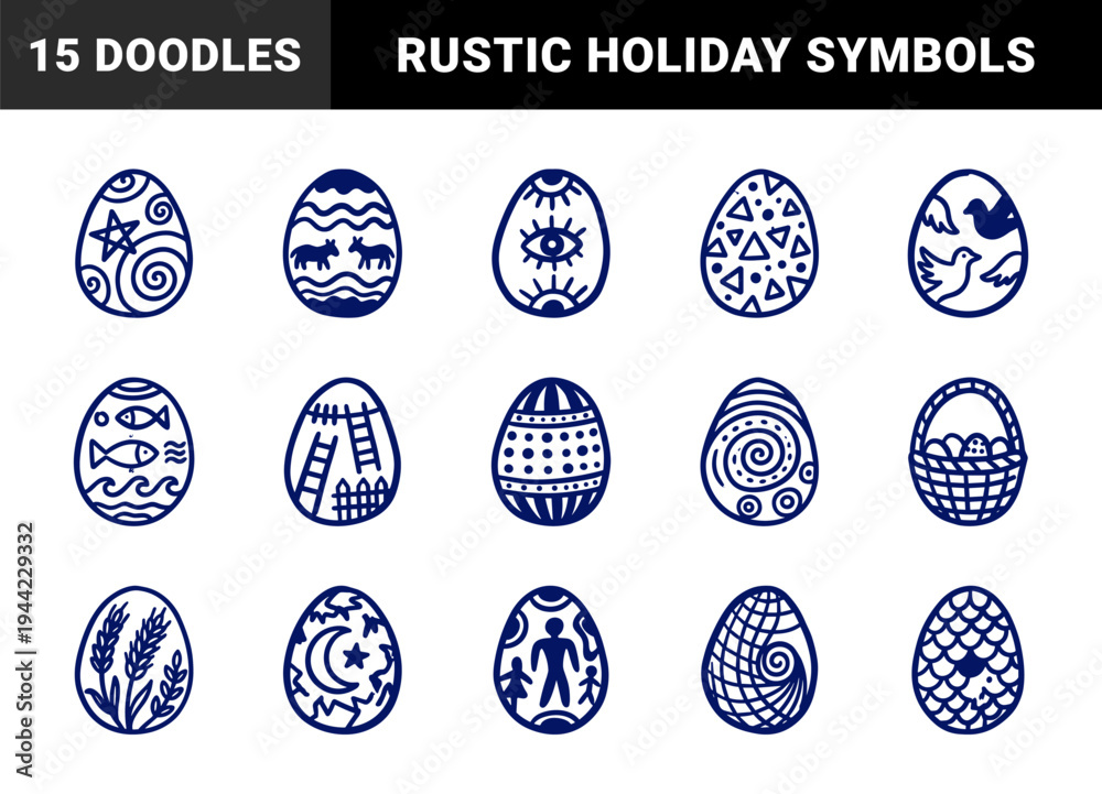 Fototapeta premium Hand-drawn Easter eggs featuring folk art patterns and symbolic motifs. Rustic naive marker sketch illustrations for holiday greeting cards and spring decor.