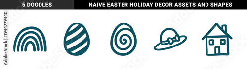 Hand-drawn spring and easter holiday elements in a rustic marker doodle style. Naive teal ink sketches of decorated eggs, rainbow, sun hat, and cottage.