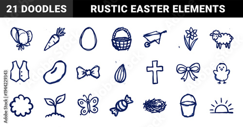 Hand-drawn Easter and springtime garden elements for rustic brand identity. Naive marker sketch illustrations featuring seasonal nature motifs.