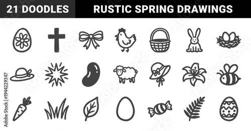 Hand-drawn Easter and spring celebration elements in a naive doodle style. Rustic marker sketch illustrations featuring bunnies, eggs, and garden nature.