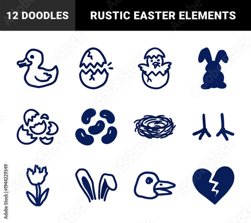 Hand-drawn Easter and springtime doodles for organic branding. Rustic naive marker sketch elements featuring bunnies, chicks, eggs, and floral shapes.