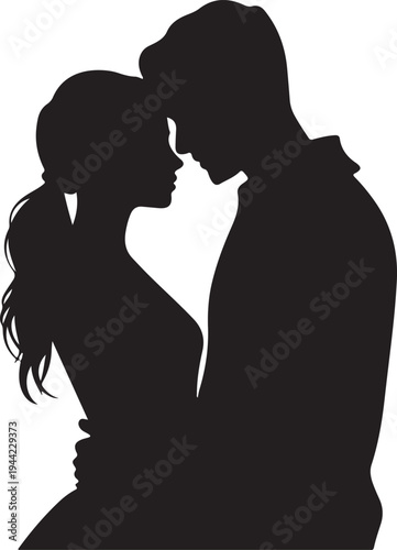 Silhouette of a Couple Embracing on White Background