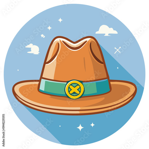 Stylish adventure hat with a bright sky with clouds and stars, summer adventure hat