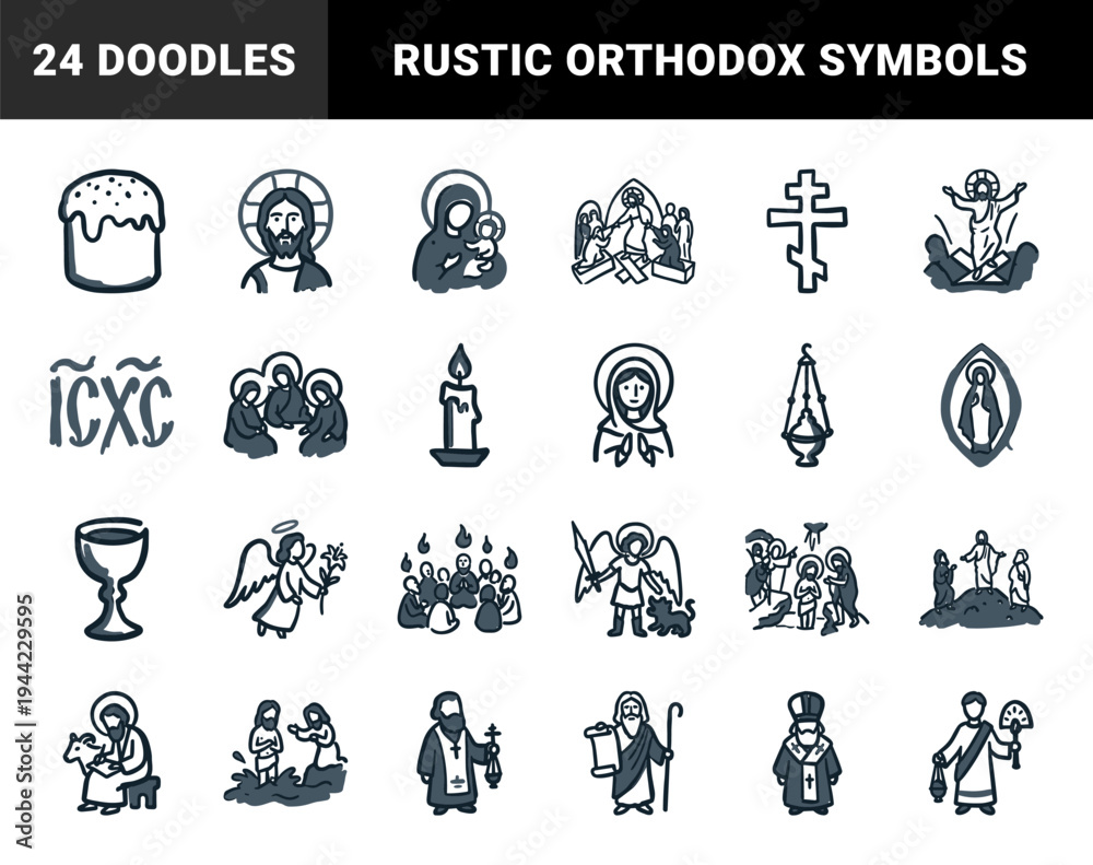 Naklejka premium Orthodox Christian religious symbols and biblical scenes in a rustic hand-drawn doodle style. Naive marker sketch illustrations for spiritual branding.