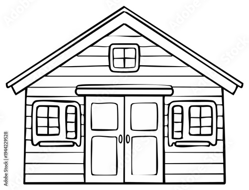 Cartoon outline of wooden shed with windows and door