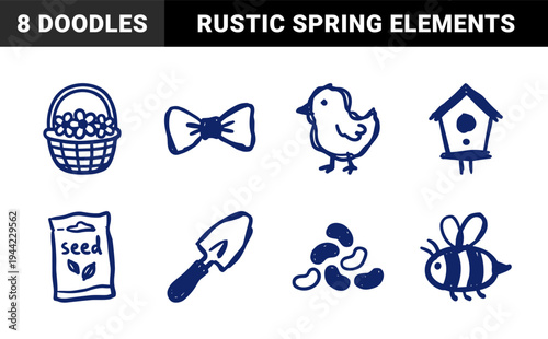 Hand-drawn spring garden and Easter elements in naive marker sketch style. Rustic navy blue doodle illustrations for organic branding and seasonal decor.