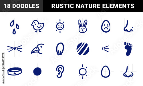 Hand-drawn naive animal and nature doodles with crude marker aesthetic. Rustic sketchbook elements featuring rabbit, bird, sun, and organic shapes.