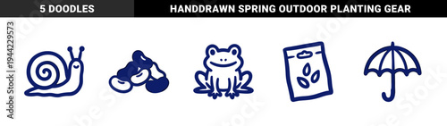 Garden and nature hand-drawn elements for organic brand identity. Rustic naive marker sketch featuring frog, snail, seeds, and umbrella.