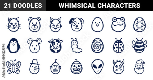 Hand-drawn whimsical egg shaped characters and seasonal doodles for festive branding. Naive marker sketch illustrations featuring animals and holiday motifs.