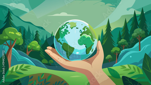 Vector illustration of hand holding Earth globe in nature