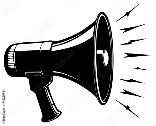 Black and white megaphone with sound waves vector for public announcements and communication