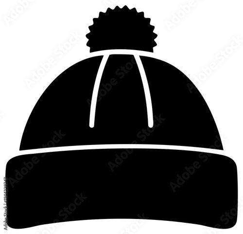 Classic black beanie winter hat with fluffy pompom and folded brim silhouette icon