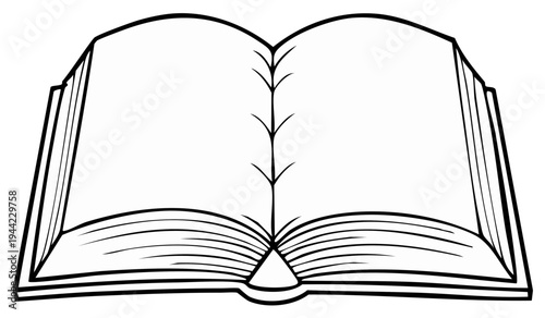 Line drawing of an open book with blank pages and detailed binding