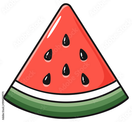 Cartoon slice of juicy watermelon with black seeds and green rind