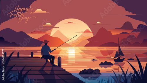 Vector illustration of man fishing at sunset