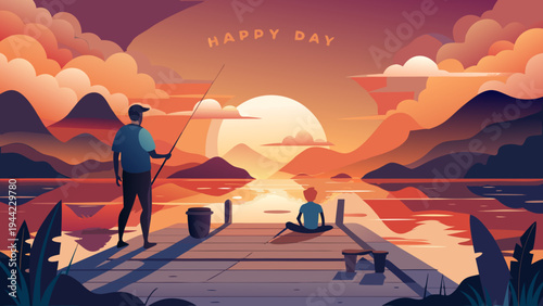 Vector illustration of fishing dock at sunset with two people