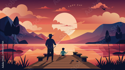 Vector illustration of man and child on dock at sunset