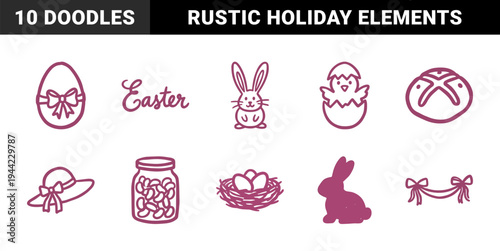 Hand-drawn Easter holiday elements with rustic doodle aesthetic. Naive marker sketch illustrations featuring bunny, eggs, chick, and seasonal treats.