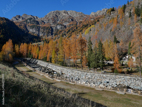 Autumn in the Alps. Chardonney, a hamlet of Champorcher, Aosta Valley, Alps, Italy.
