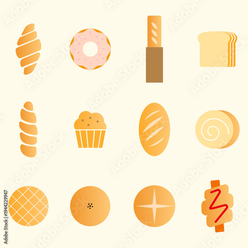 귀여운 도넛, 크로와상, 식빵, 머핀 등 빵집 메뉴 아이콘 모음