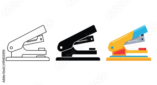 Three staplers in different colors and line styles on a white background, showcasing various office supplies.